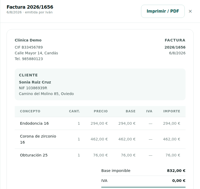 Factura emitida con varios tratamientos