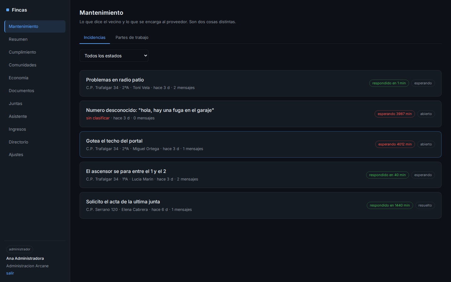 Mantenimiento con incidencias y partes de trabajo